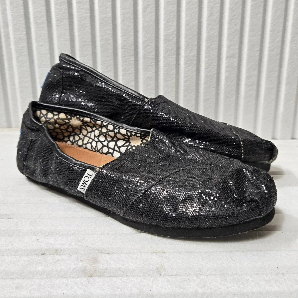 Toms Classic Alpargata Black Glitter‎ Slip On Flat Shoes Womens Size 9